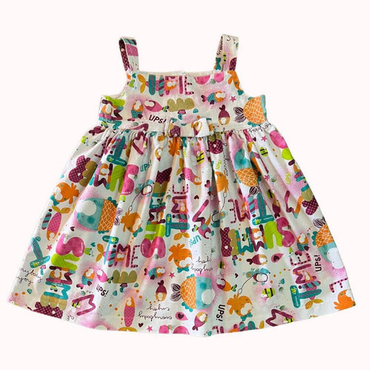 Robe à bretelles colorée pour fille de 4 ans, Mini Bol, imprimée de motifs ludiques multicolores, coupe froncée et fermeture zippée au dos, hauteur 50 cm.