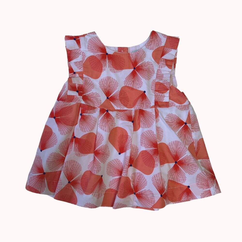 Robe bébé fille Obaïbi, imprimé coquelicots corail, coupe évasée, volants aux épaules, doublée, 23 mois.