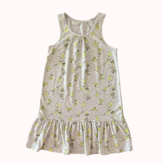 Robe légère fille gris chiné à motifs hiboux, sans manches, avec volant en bas, taille 7-8 ans.