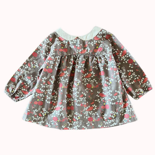 Robe bébé marron à manches longues, imprimé fleuri, col écru, marque DPAM, taille 3 mois.