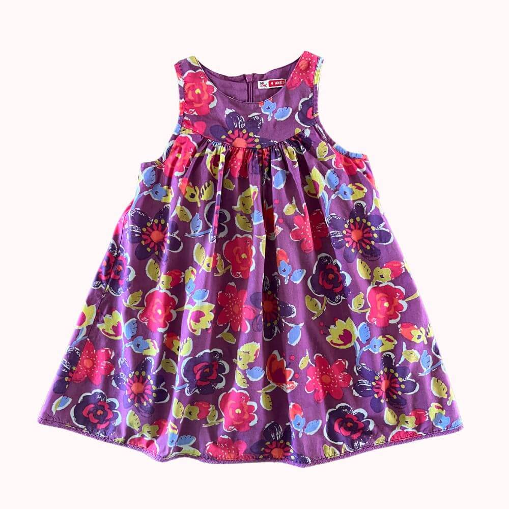 Robe fille 4 ans mauve à imprimé fleuri multicolore, sans manches, coupe évasée, marque DPAM, fermeture zippée au dos