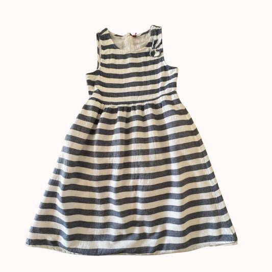 Robe sans manches Orchestra 10 ans à rayures bleu marine et blanches, coupe évasée, longueur 80 cm, doublée coton doux.