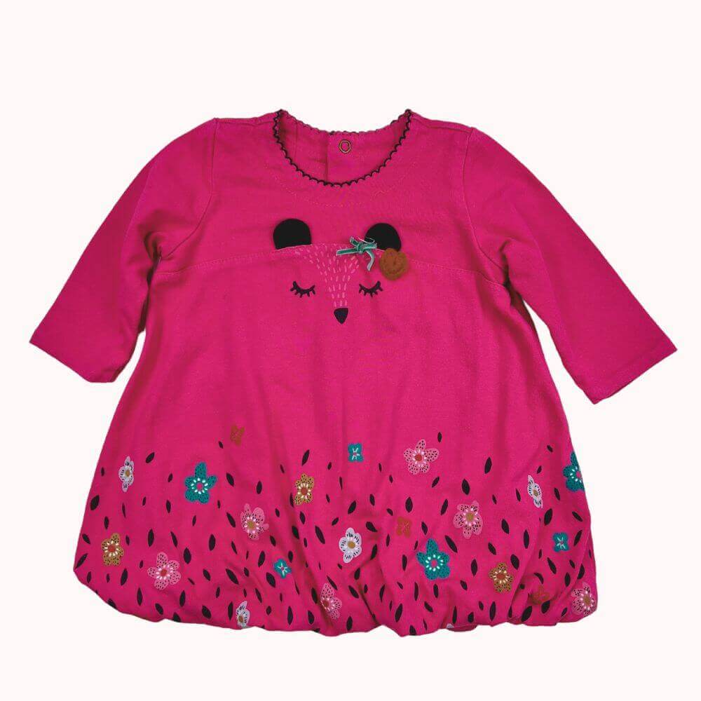 Robe rose Catimini bébé 6 mois, à manches longues, avec motif animal et broderies fleuries.