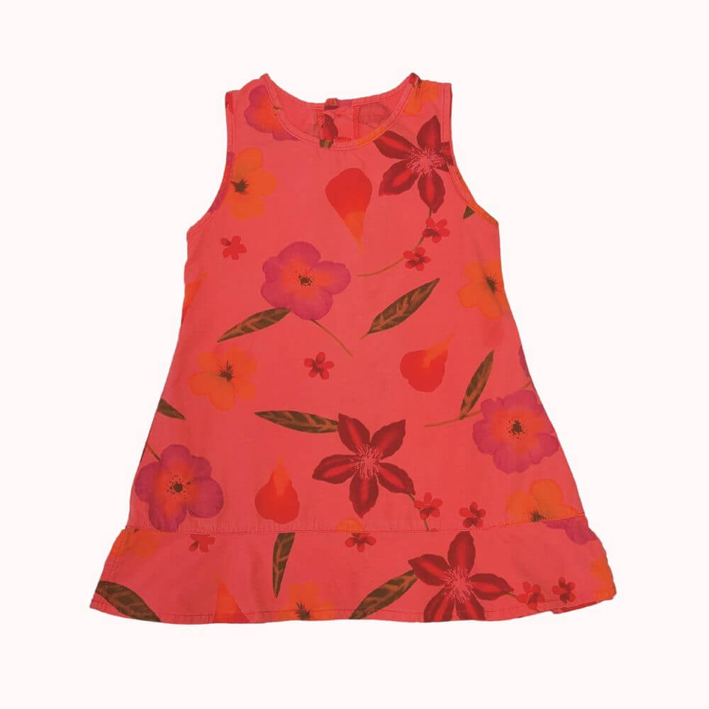 Robe fille Tissaia, 3 ans, couleur rose avec imprimé floral, coupe fluide, volant en bas, fermeture boutonnée dans le dos.
