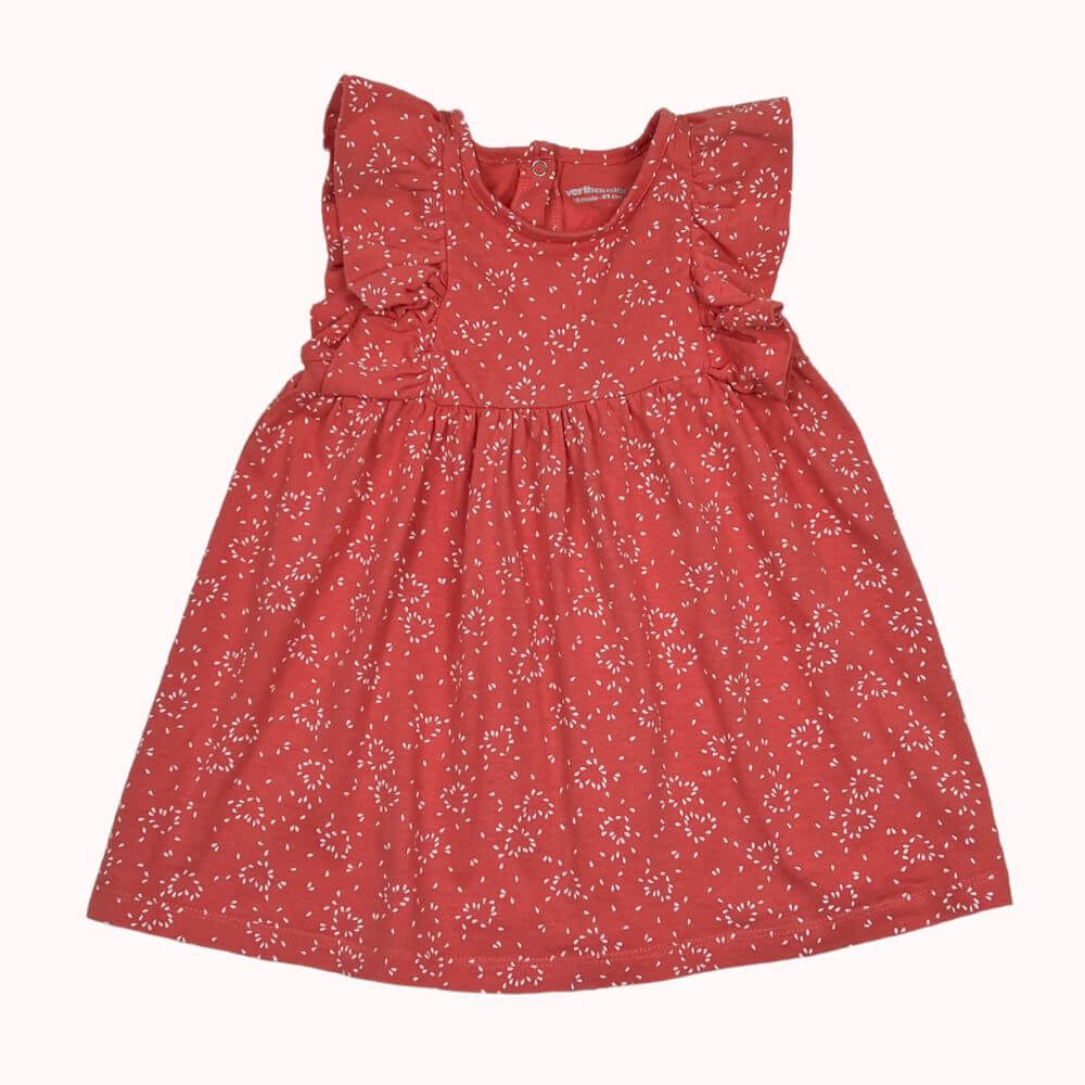  Robe rouge à fleurs Vertbaudet 18 mois, en coton avec volants sur les épaules et fermeture à boutons-pression dans le dos.