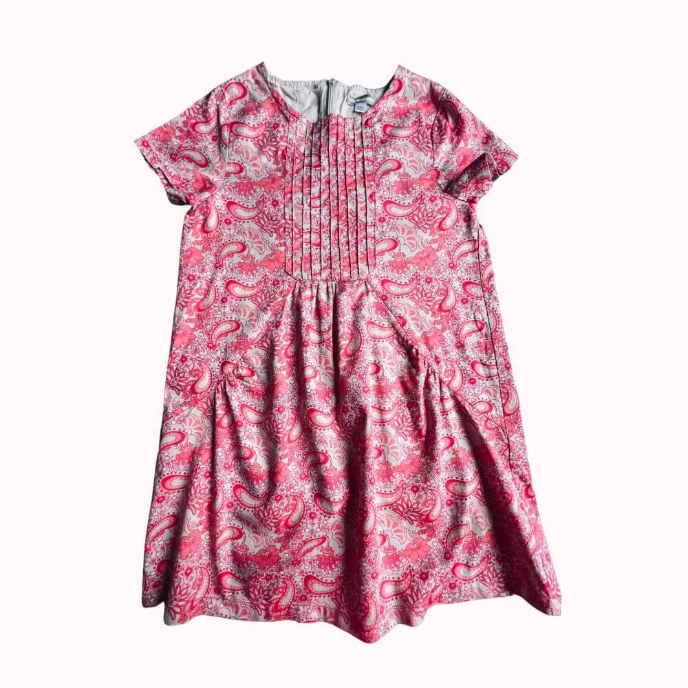  Robe rose à motifs cachemire, plastron plissé, manches courtes, coupe fluide, fermeture zippée dans le dos, taille 10 ans.