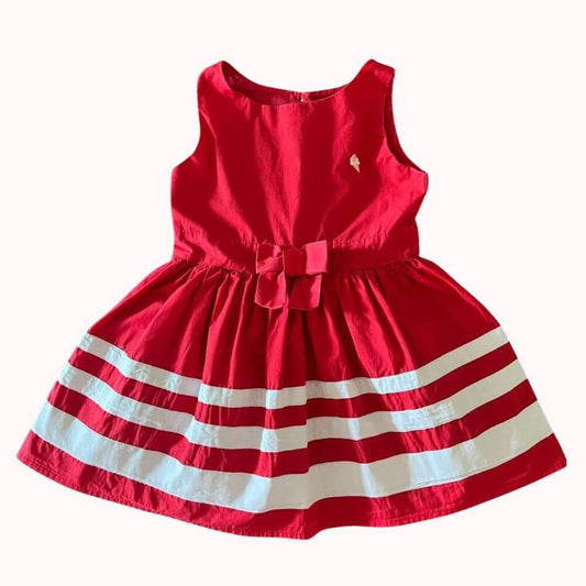 Robe chic sans manches rouge avec rayures blanches, nœud à la taille, doublure avec tulle, fermeture à boutons et hauteur 50 cm, marque Sergent Major, taille 4 ans.