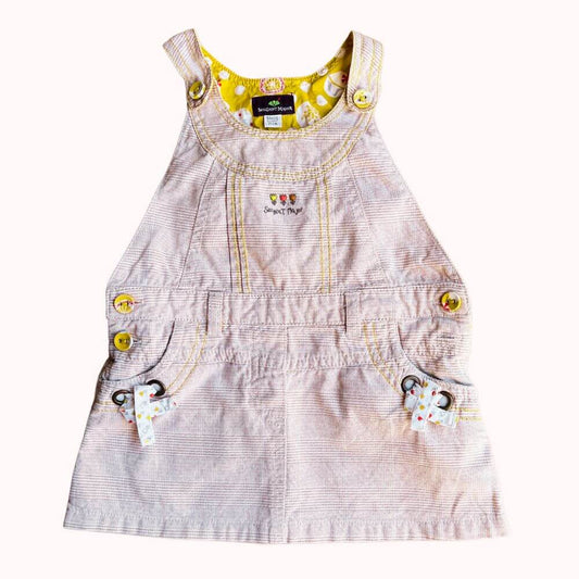 Robe salopette bébé Sergent Major, taille 9 mois, à fines rayures, bretelles boutonnées, détails nœuds imprimés et doublure jaune à pois.