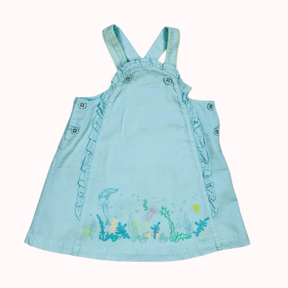 Robe vert pâle pour bébé 9 mois, brodée avec motifs marins, volants et bretelles croisées, doublée, marque Orchestra.
