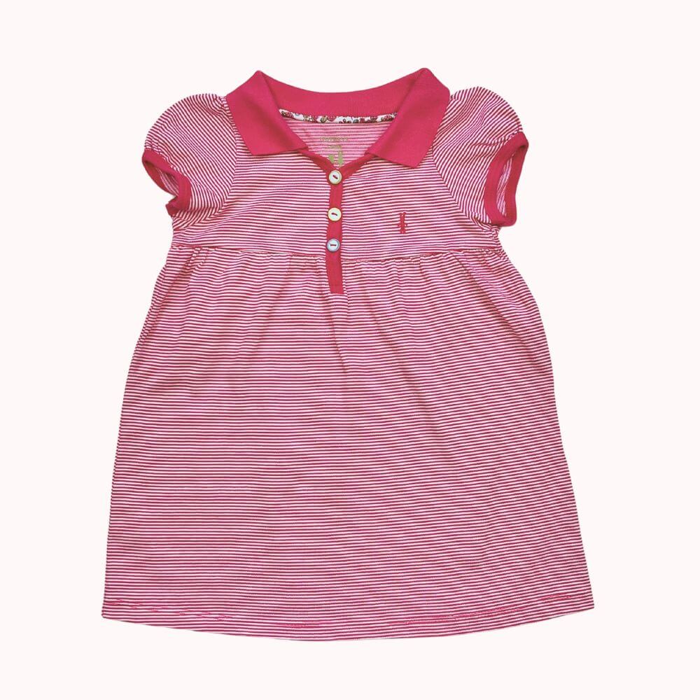 Robe rayée rose et blanche pour bébé 12 mois, style polo avec col contrasté et boutons nacrés, marque Natalys.