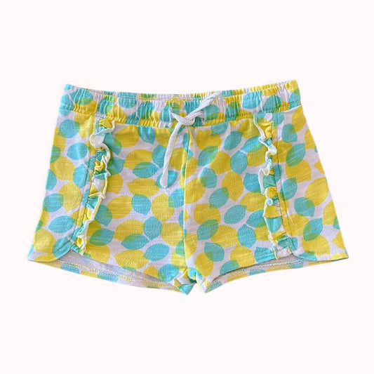  Short bébé en coton imprimé citrons jaunes et verts, marque Orchestra, taille 9 mois, avec taille élastiquée et nœud décoratif.