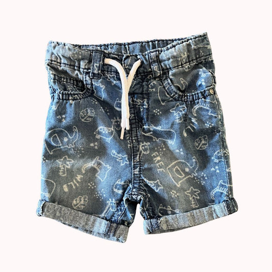 Short bébé Orchestra en denim bleu souple, taille 3 mois, imprimé animaux et feuillages, lien à nouer.