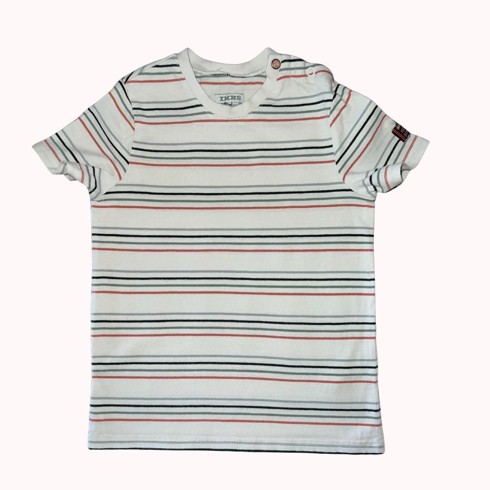T-shirt enfant à rayures IKKS manches courtes avec bouton-pression à l’épaule, taille 3 ans, vêtement enfant de seconde main.