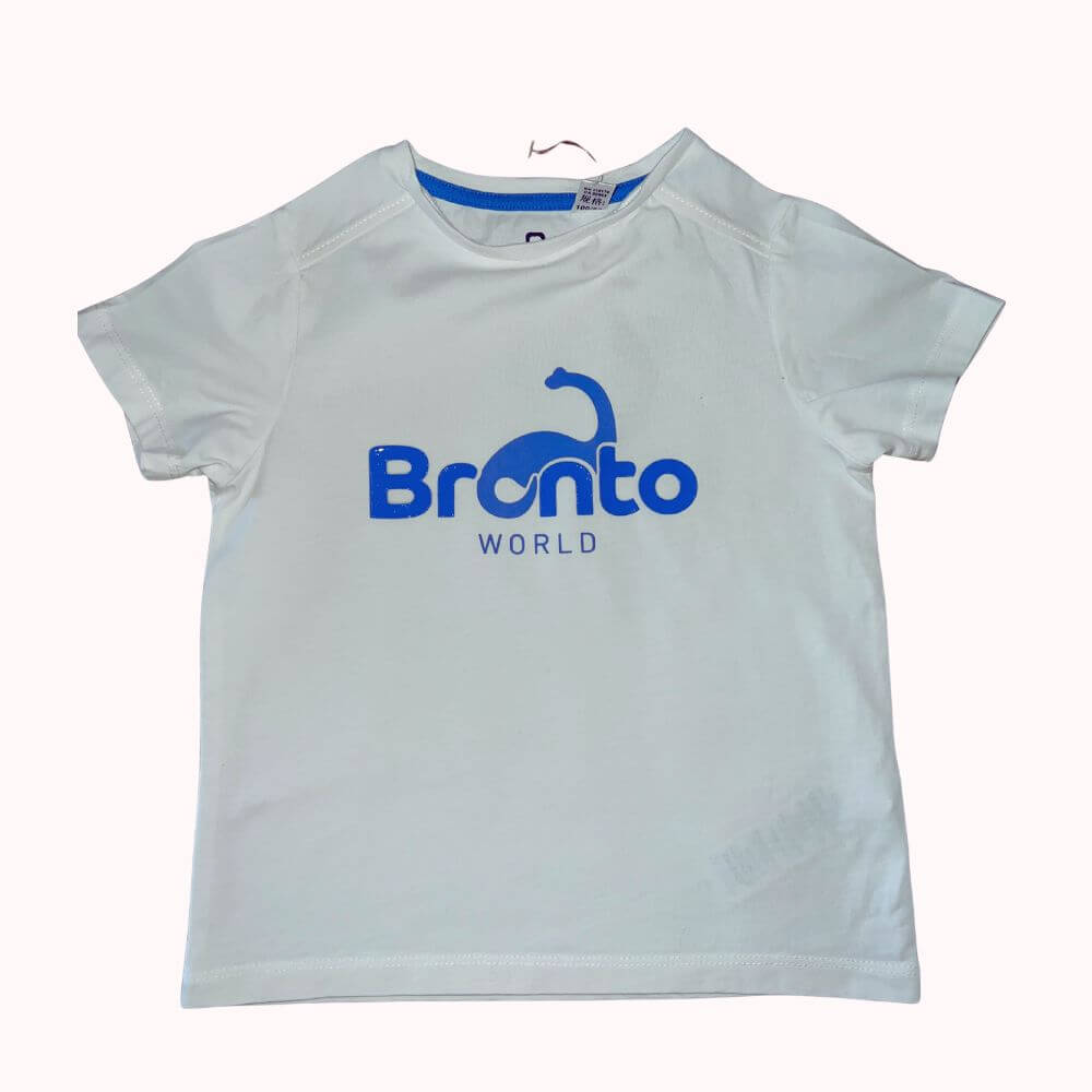 T-shirt enfant blanc Okaïdi manches courtes avec imprimé bleu “Bronto World”, taille 3 ans, vêtement enfant de seconde main.