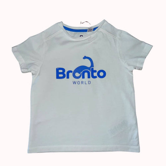  T-shirt enfant blanc Okaïdi manches courtes avec imprimé bleu “Bronto World”, taille 3 ans, vêtement enfant de seconde main.