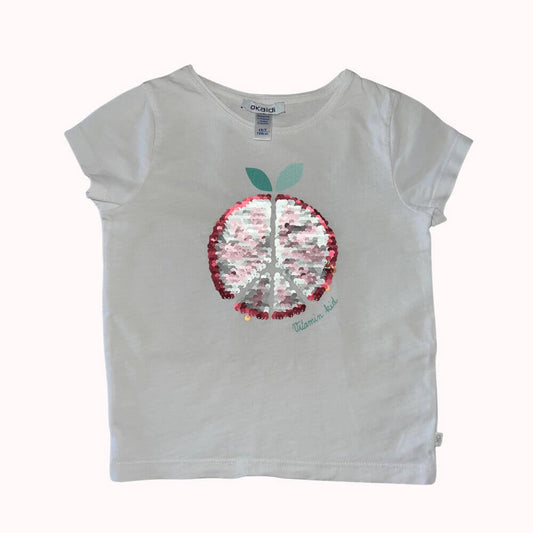T-shirt blanc manches courtes OKAÏDI 4 ans avec motif pomme en sequins réversibles pour enfant