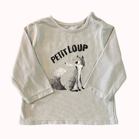  t-shirt bébé gris à manches longues, motif loup, inscription “Petit Loup”, taille 3 mois