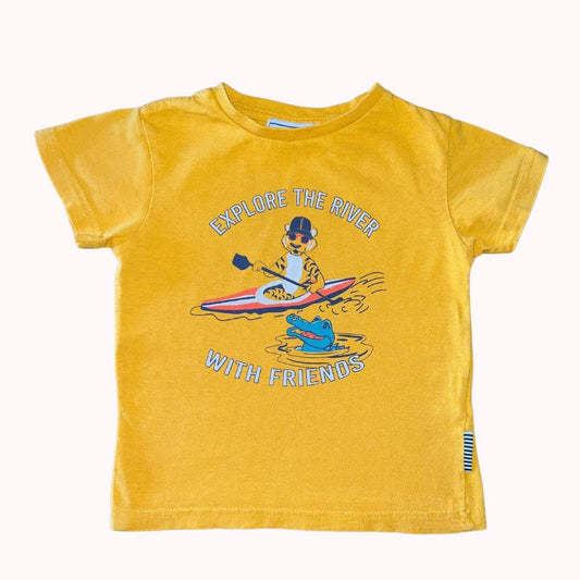  T-shirt jaune pour enfant avec motif tigre en canoë et crocodile, message "Explore the river with friends", taille 4 ans, marque La Fabrique des 