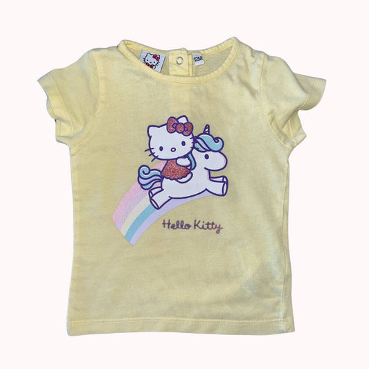 T-shirt bébé jaune pâle Hello Kitty, taille 12 mois, avec motif licorne et arc-en-ciel, fermeture à pression dans le dos.