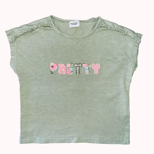 Tee-shirt kaki pour fille, avec broderie "Pretty" en lettres fleuries et volants aux épaules, marque Tape à l'œil, taille 4 ans.