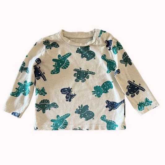  T-shirt à manches longues beige clair imprimé de dinosaures bleus et verts, marque Inextenso, taille 9 mois.
