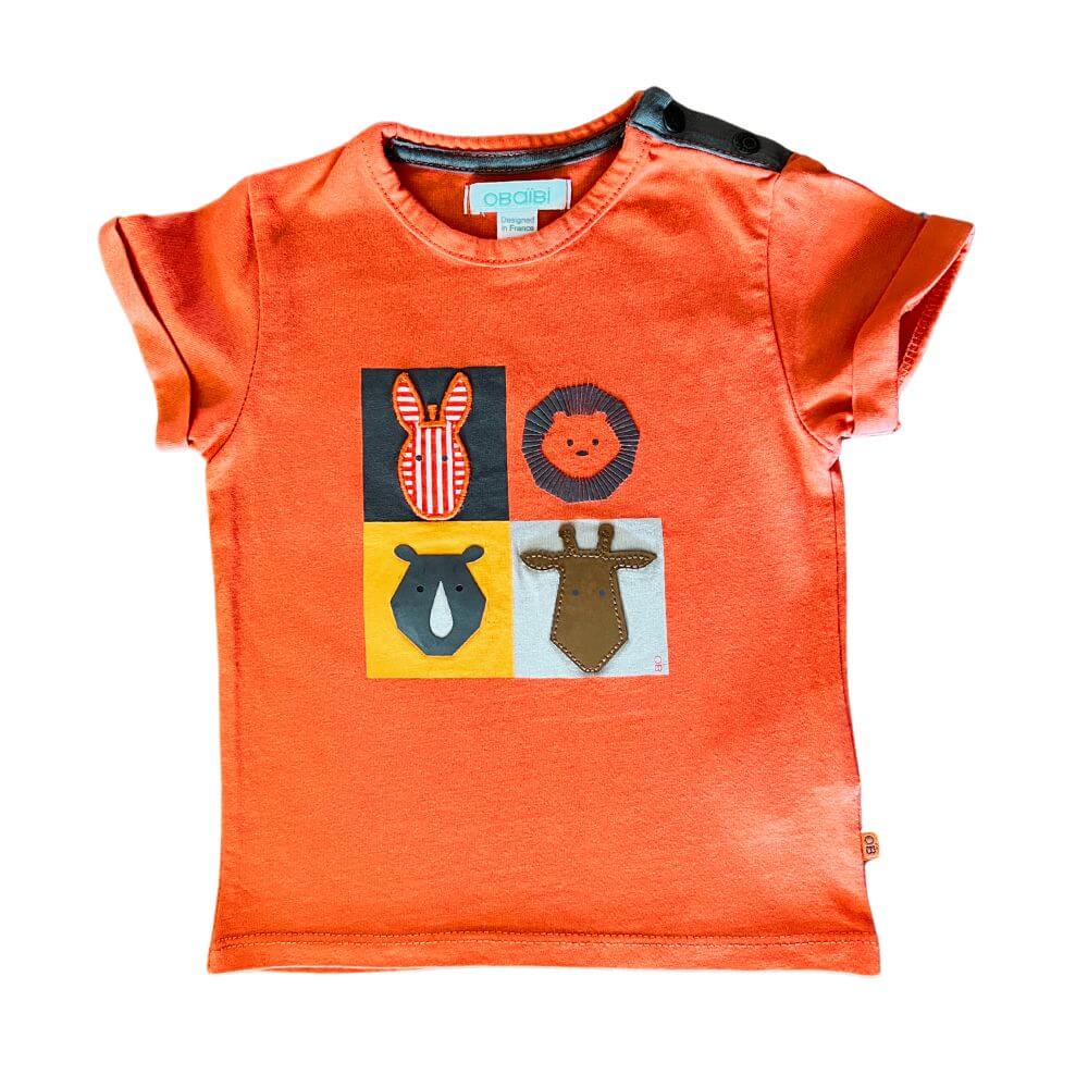  T-shirt bébé orange à manches courtes, décoré de quatre têtes d’animaux en patchwork, marque Obaïbi, taille 6 mois.