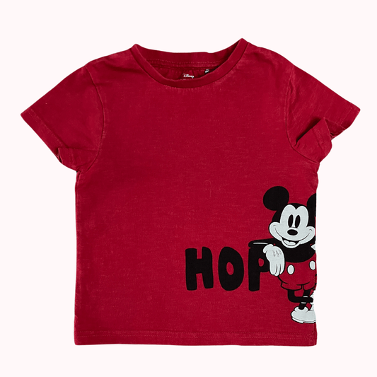 T-shirt rouge pour enfant avec motif Mickey et inscription "HOP", taille 4 ans, marque Orchestra.