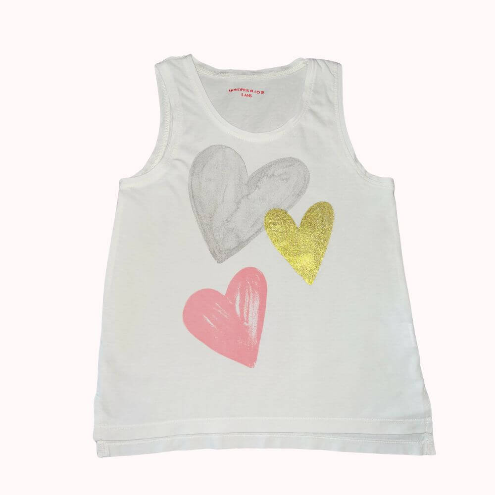 Débardeur enfant sans manches blanc Monoprix Kids avec motifs cœurs colorés, taille 5 ans, vêtement enfant de seconde main.