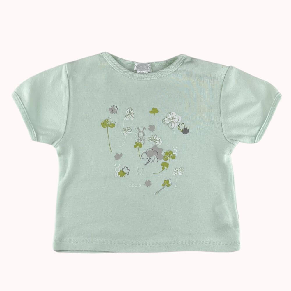  T-shirt bébé vert pâle à manches courtes avec motifs floraux, marque Obaïbi, taille 12 mois.