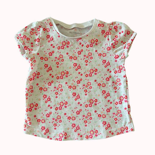 Tee-shirt blanc à manches courtes, imprimé de petites fleurs roses, marque Pat &amp; Ripaton, taille 6 mois.