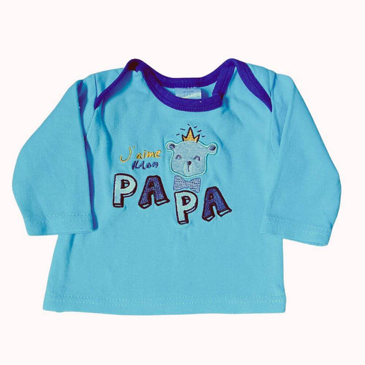 T-shirt bébé manches longues bleu avec message « J’aime mon Papa » brodé et ourson, taille 0/6 mois, vêtement bébé de seconde main.