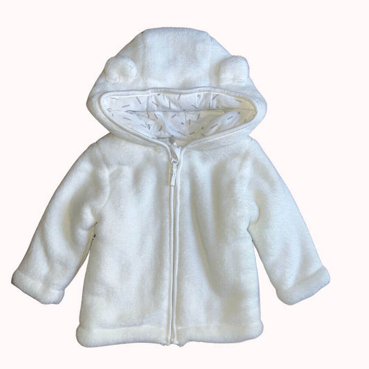 veste blanche effet peluche avec capuche à oreilles et doublure imprimée, marque Orchestra, taille 3 mois.