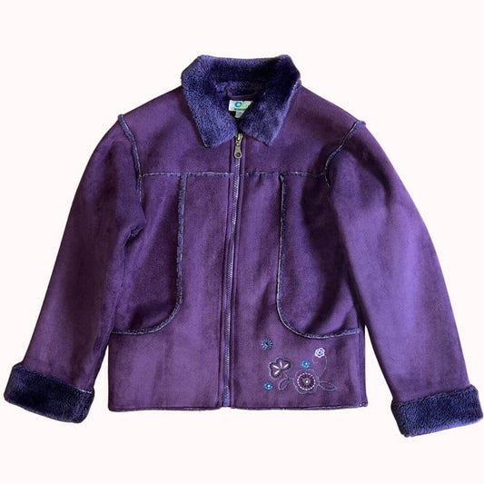 Veste chaude mauve Verbaudet fille 10 ans en imitation daim, doublée de fausse fourrure, avec broderies florales et fermeture zippée.