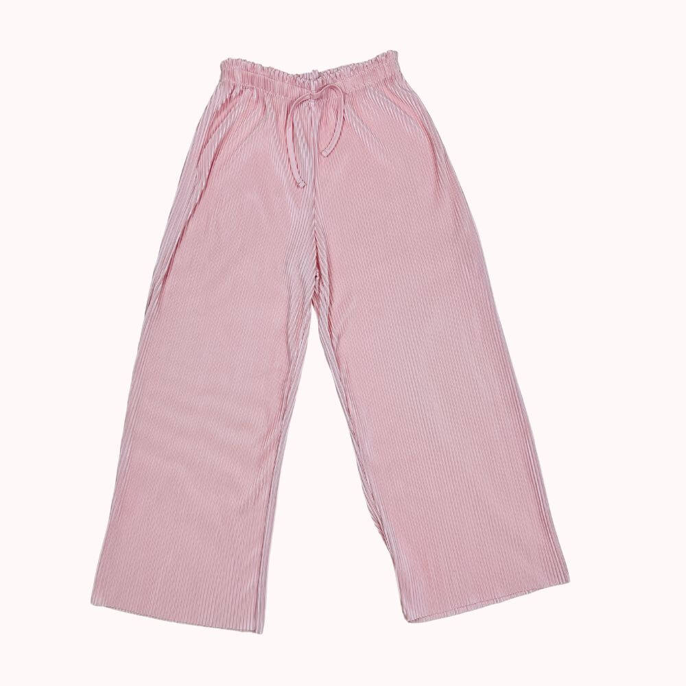 Pantalon fluide rose poudré plissé pour enfant, 10 ans, avec taille élastiquée et lien de serrage, marque Kiabi.